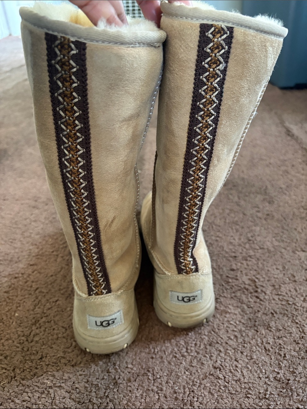 UGG Tan Suede Tall Boots with Embroidered Back Stripe